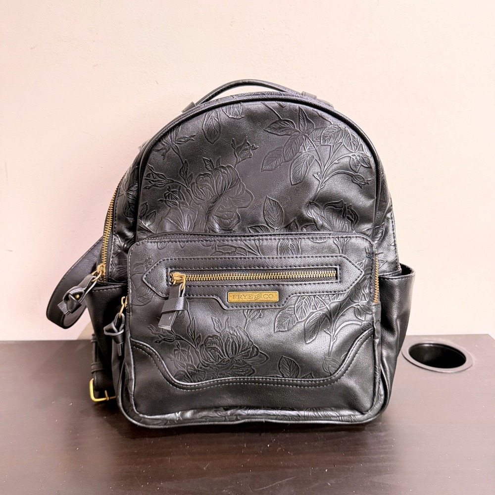 Frye and Co Black Floral Flower Embossed Faux Leather Dome Backpack Bag Western